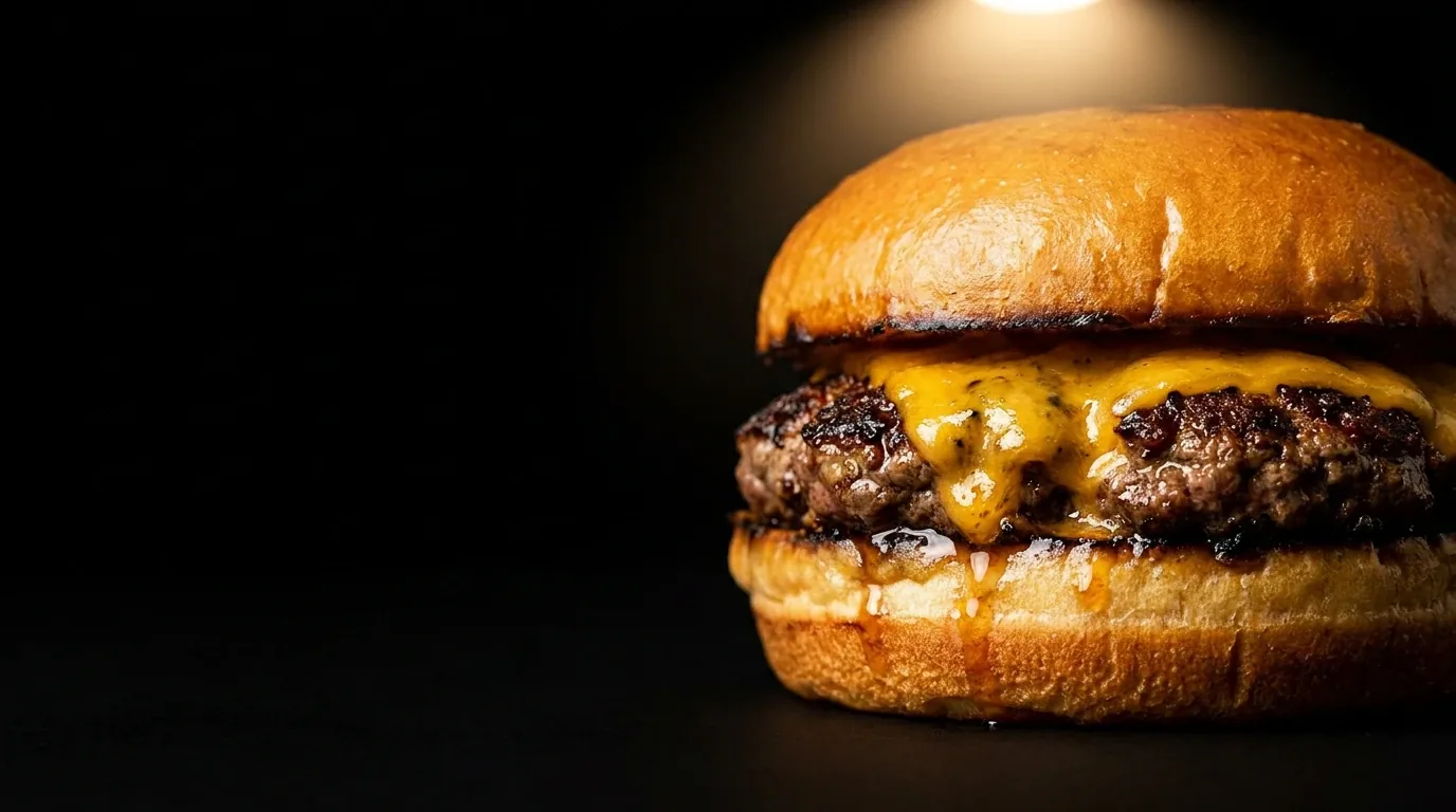 Hamburguesa BDP con cheddar fundido, iluminada sobre fondo oscuro